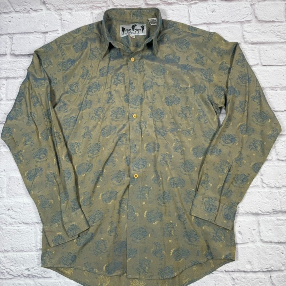 Policy Studio Mens Medium Silky Green/Blue/Gold Long Sleeve Button Up - Picture 2 of 9